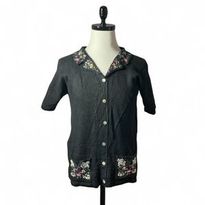 Vintage Erika Studio Cardigan Top Floral Embroidered Black  Preppy Minimalist